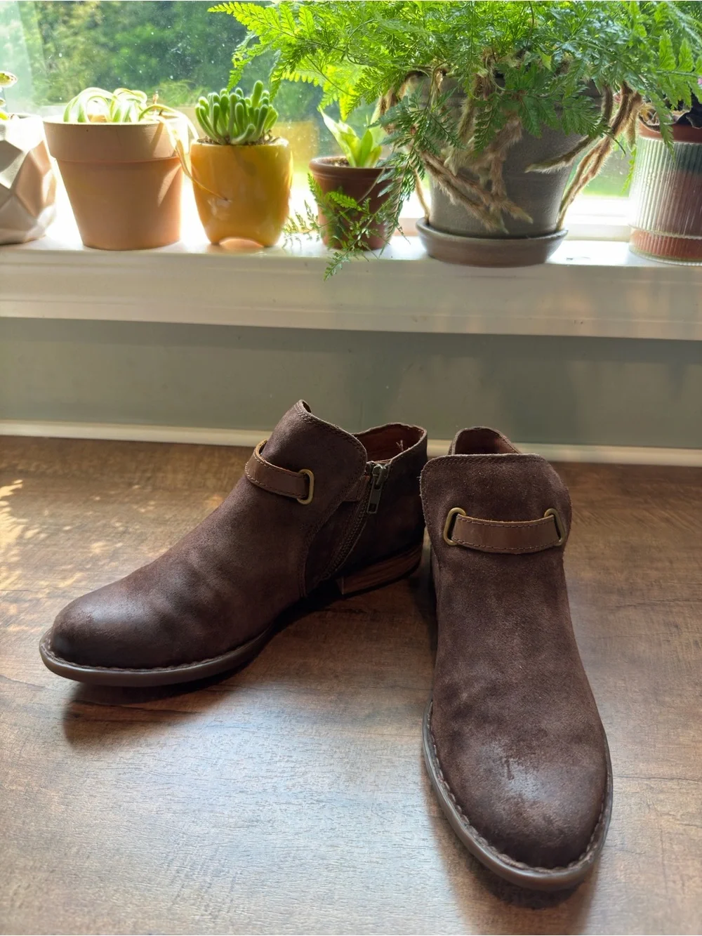 Born Brown Suede Ankle Boots Side Zip Buckle Strap Round Toe Women US 8 M
